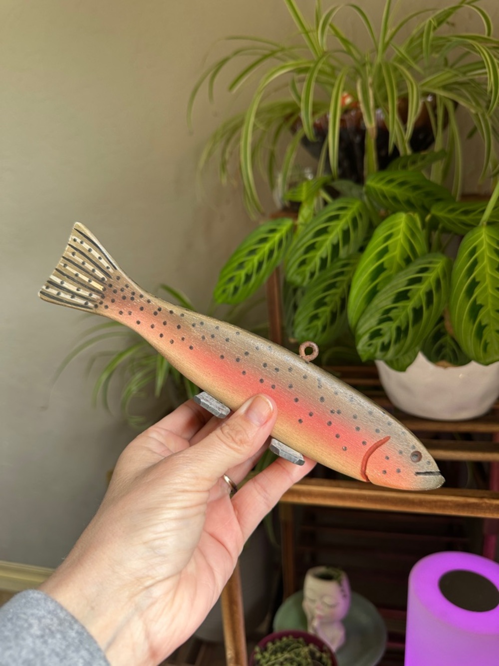 Handmade Fish wood painted shelf‎ sitter decor  metal stand bottom  hook top